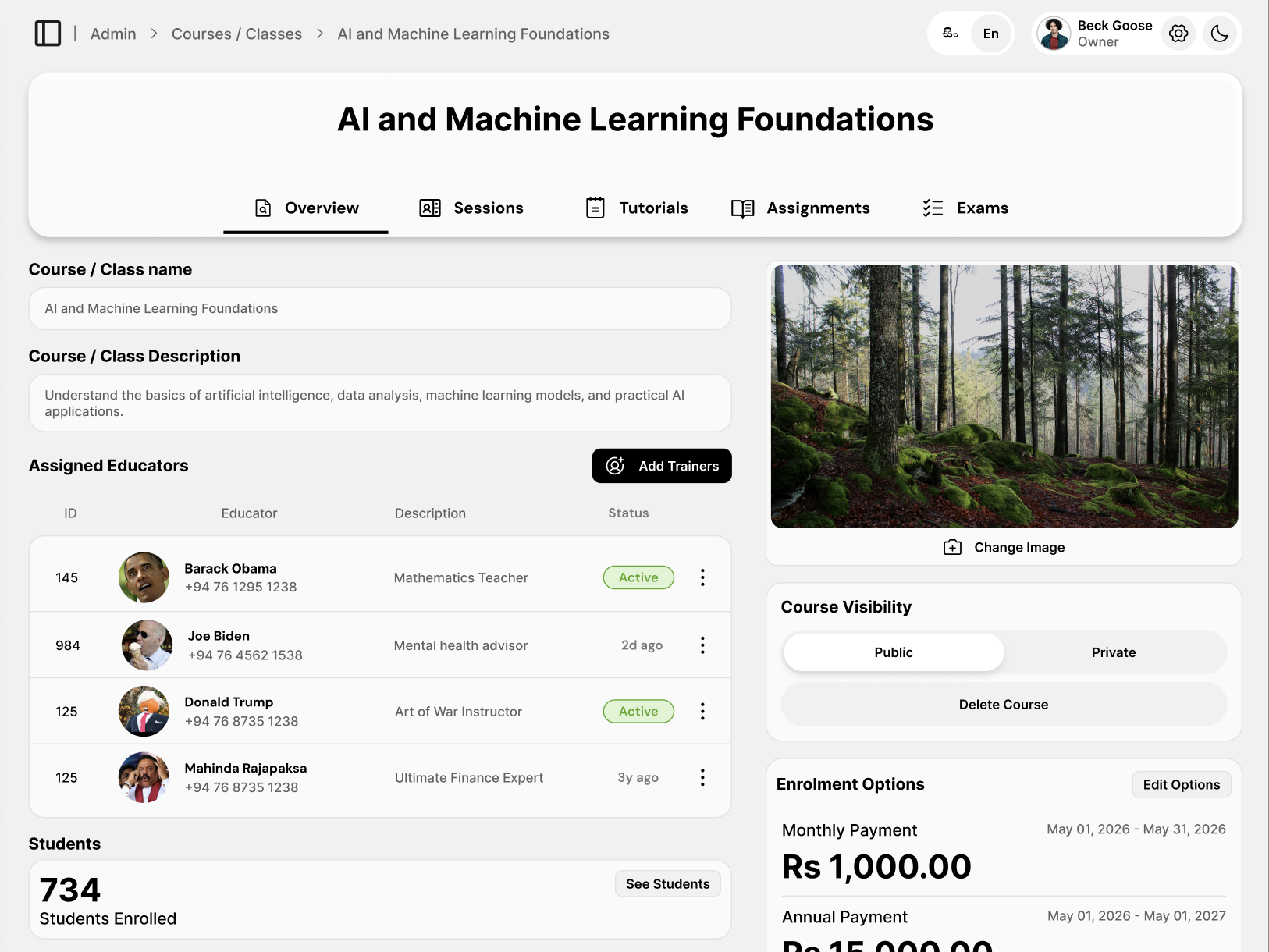 Manage courses and classes